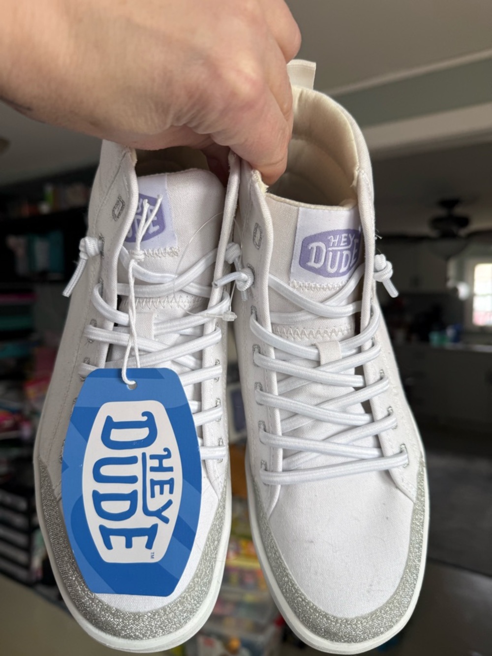 Hey Dude White High-Top Sneakers with Silver Glitter Accent